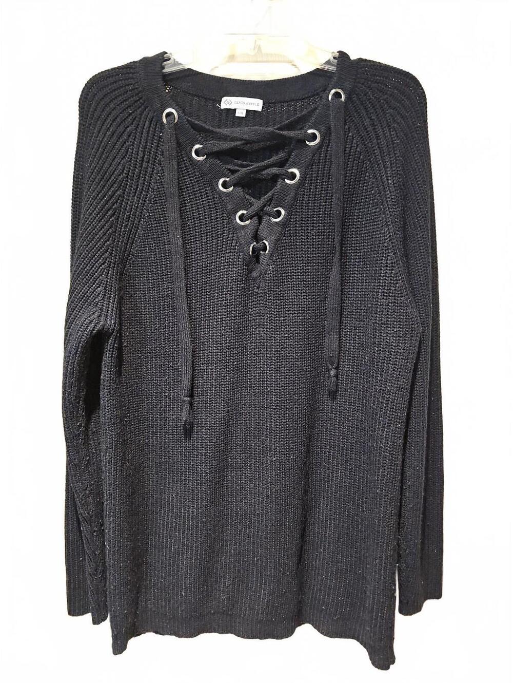 Cents Of Style Women's Black Lace-up V-Neck Sweater Top L/XL